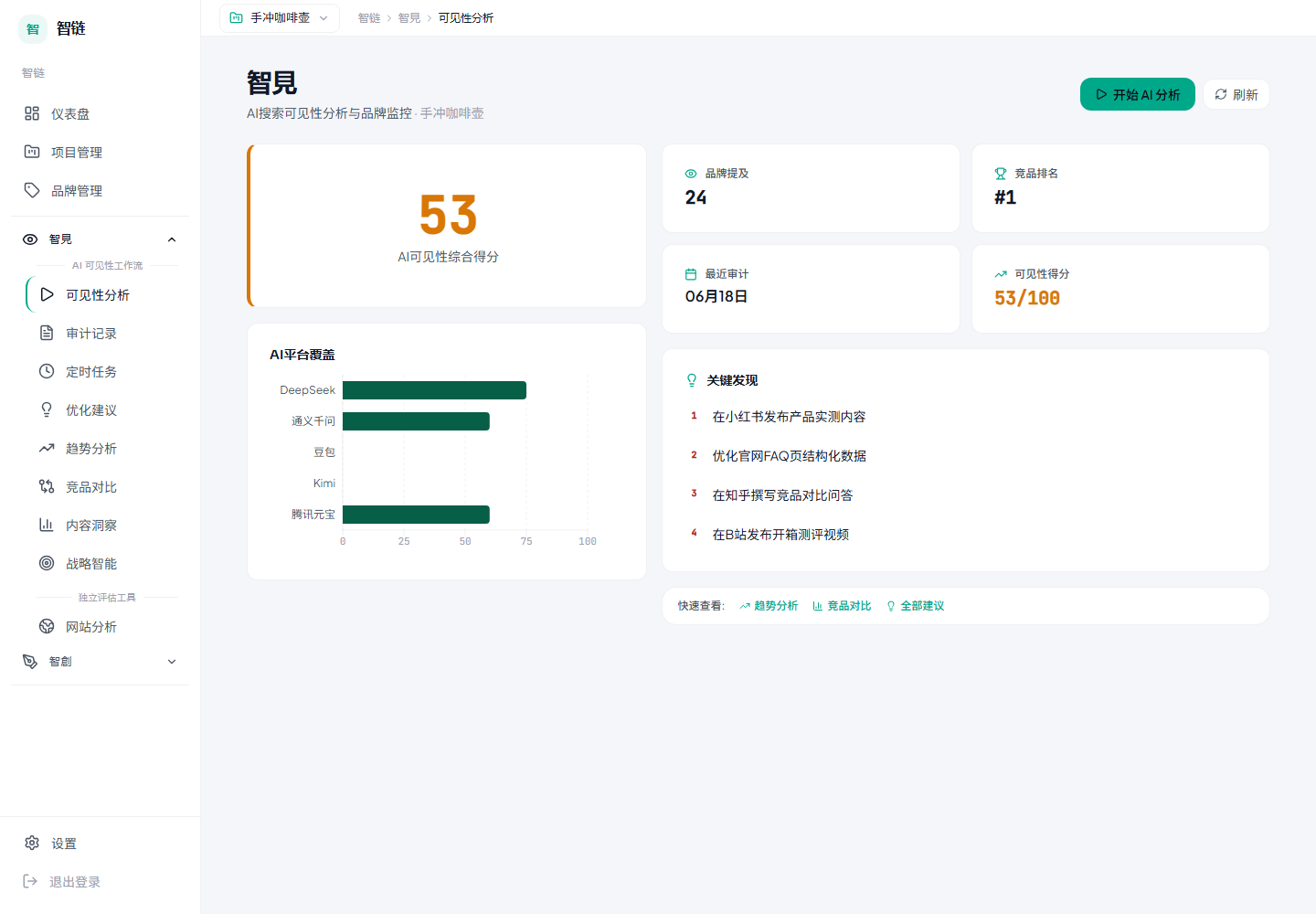 AI 可见性审计真实产品界面截图
